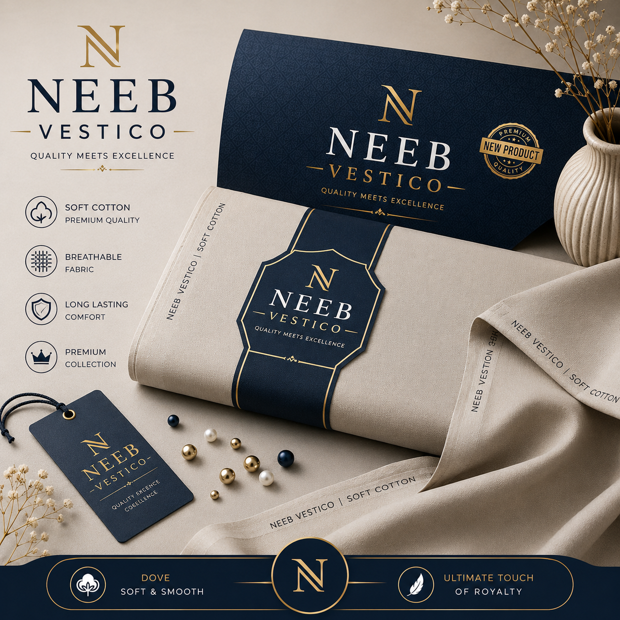 NEEB VESTICO Dove Collection – Premium Unstitched Soft Cotton Suit Fabric