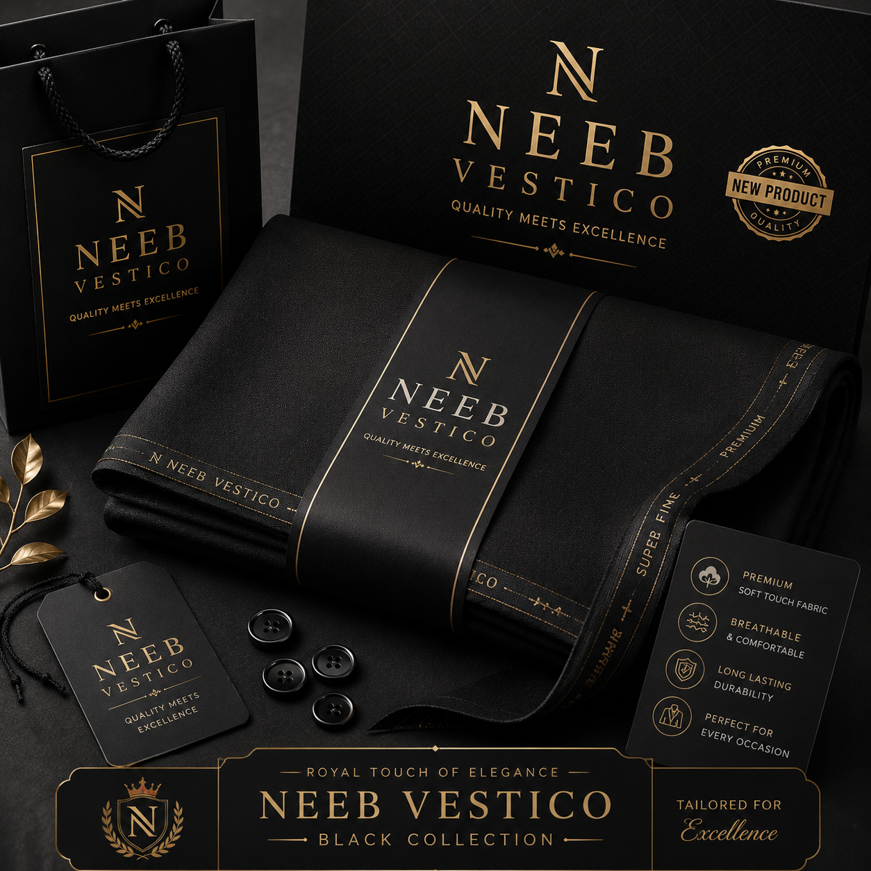NEEB VESTICO Black Collection – Premium Unstitched Suit Fabric