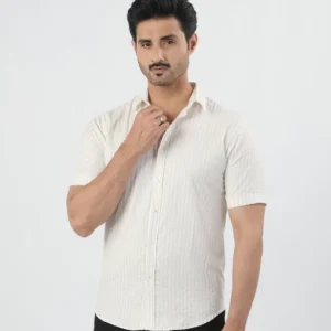 Men's White Textured Half Sleeve Casual Shirt