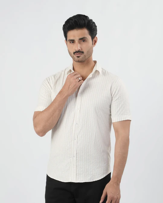 Men's White Textured Half Sleeve Casual Shirt
