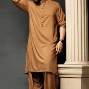 Classic Camel Brown Men’s Embroidered Shalwar Kameez
