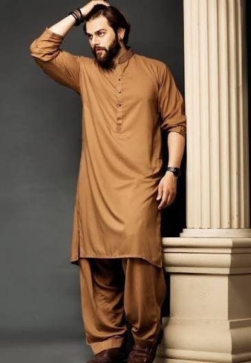 Classic Camel Brown Men’s Embroidered Shalwar Kameez